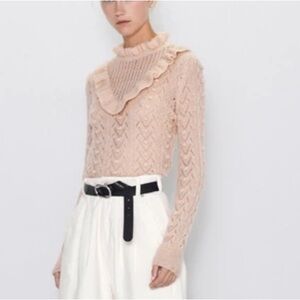 ZARA Wool-Blend Pink Romantic Ruffled High Neck Open Lace Knit Sweater in Size M